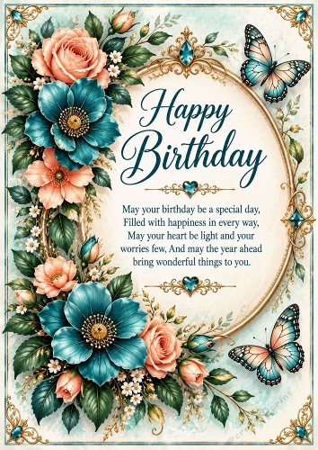 Teal And Peach Birthday Elegance A4 Portrait Card Topper
