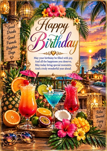 Tropical Birthday Cocktails Birthday A4 Portrait Card Topper