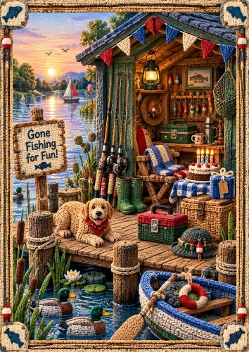 Knitted Gone Fishing A4 Portrait Card Topper