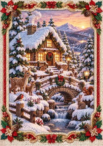Knitted Christmas Cabin A4 Portrait Card Topper