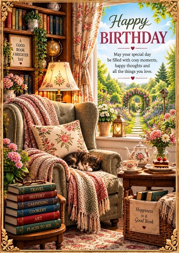 Cosy Reading Nook Birthday Wishes A4 Portrait Card Topper