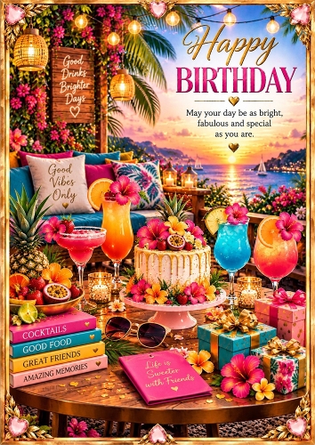 Tropical Sunset Birthday Wishes A4 Portrait Card Topper
