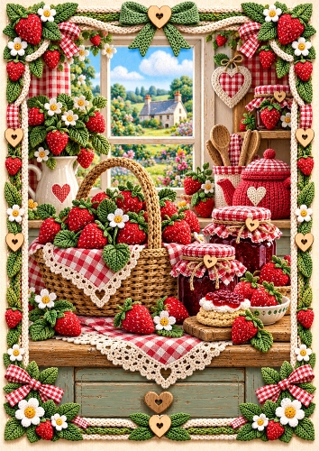Knitted Strawberry Cottage A4 Portrait Card Topper