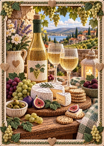 Knitted Brie & White Wine Evening A4 Portrait Card Topper