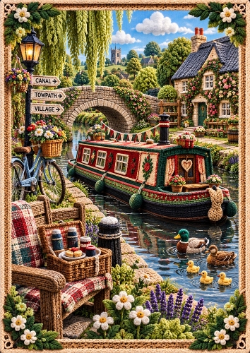 Knitted Canal Boat Holiday A4 Portrait Card Topper