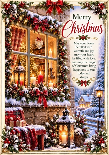 Candlelit Christmas Cottage A4 Portrait Card Topper