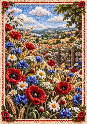 Knitted Wildflower Meadow A4 Portrait Card Topper