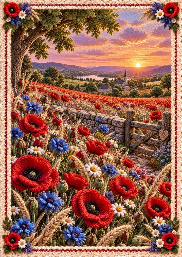 Knitted Poppy Sunset A4 Portrait Card Topper