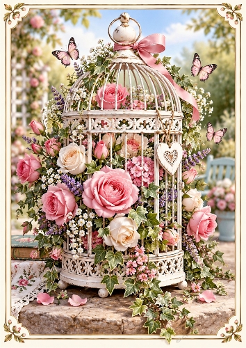 The Rose Garden Birdcage A4 Portrait Card Topper