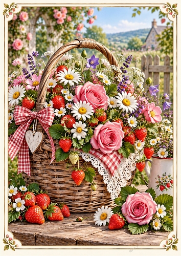 Strawberry Flower Basket A4 Portrait Card Topper