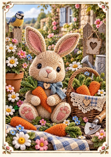 Knitted Bunny And Carrots A4 Portrait Card Topper