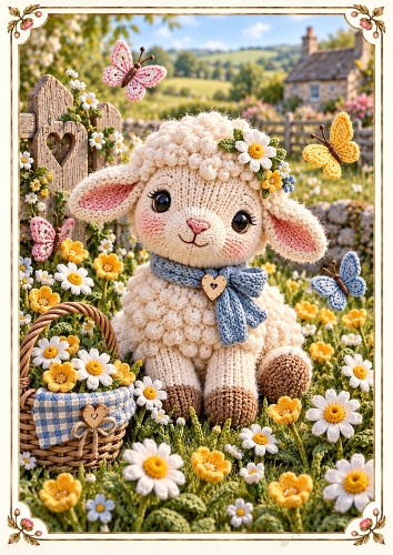 Knitted Lamb In A Meadow A4 Portrait Card Topper