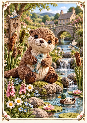 Knitted Otter By The River A4 Portrait Card Topper