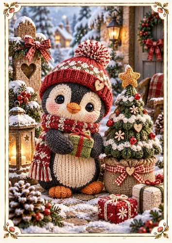 Knitted Penguin Christmas Scene A4 Portrait Card Topper