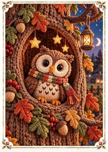 Knitted Woodland Owl A4 Portrait Card Topper
