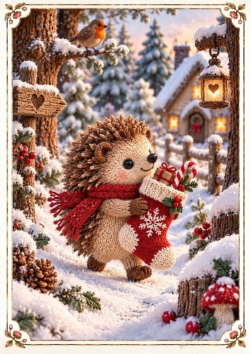 Knitted Hedgehog Christmas A4 Portrait Card Topper