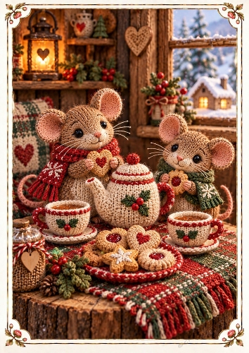 Knitted Mice Christmas Tea A4 Portrait Card Topper