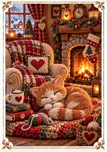 Knitted Cat By The Fireplace A4 Portrait Card Topper