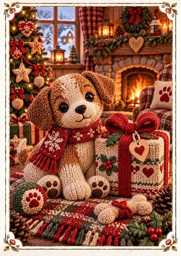 Knitted Puppy Christmas Gift A4 Portrait Card Topper
