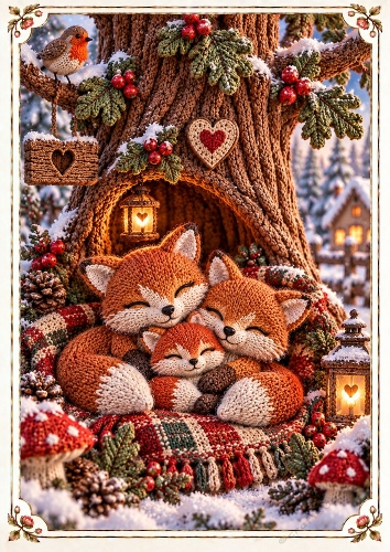 Knitted Christmas Fox Family A4 Portrait Card Topper