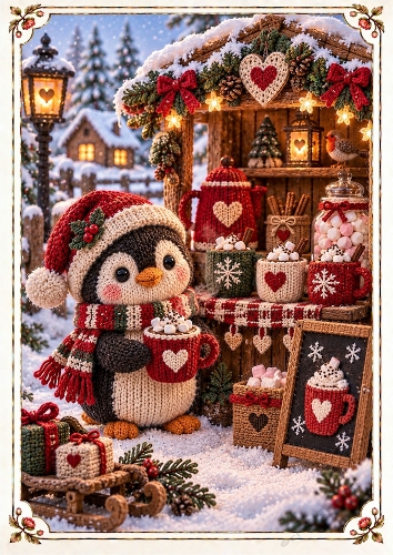 Knitted Penguin Hot Chocolate A4 Portrait Card Topper
