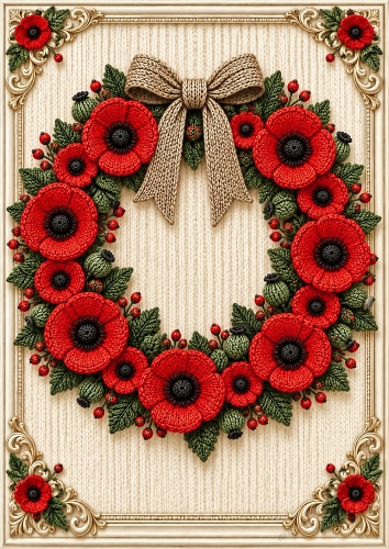 Knitted Remembrance Poppy Wreath A4 Portrait Card Topper