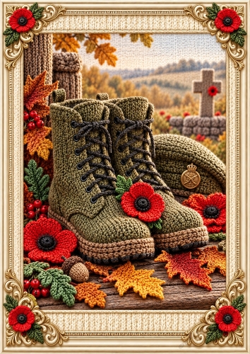 Knitted Poppy & Soldiers Boots A4 Portrait Card Topper