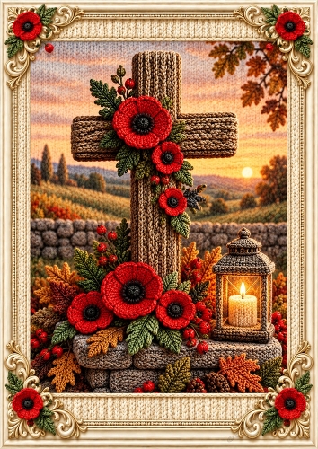 Knitted Poppy Memorial Cross A4 Portrait Card Topper
