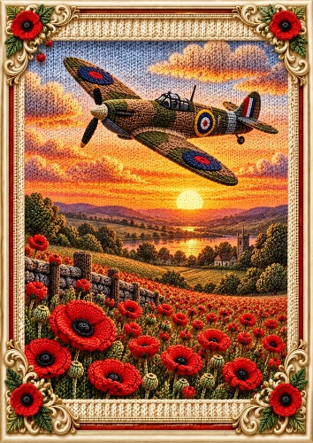 Knitted Spitfire Over The Poppy Fields A4 Portrait Card Topper