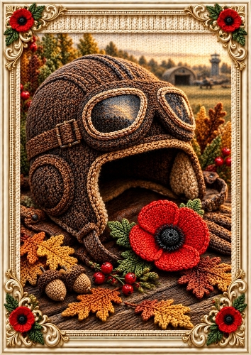 Knitted RAF Pilots Flying Helmet A4 Portrait Card Topper