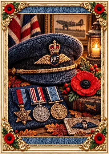Knitted RAF Cap, Medals & Poppy A4 Portrait Card Topper