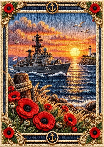  Knitted Royal Navy Ship at Sunset A4 Portrait Card Topper