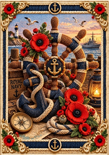 Knitted Royal Navy Ships Wheel & Poppies A4 Portrait Card Topper
