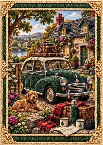 Knitted Vintage Car & Country Cottage A4 Portrait Card Topper