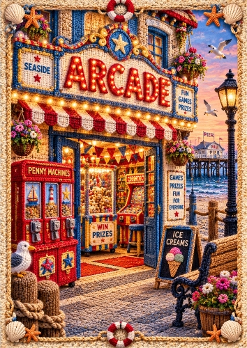 Knitted Seaside Arcade A4 Portrait Card Toppern