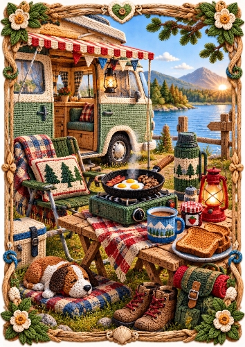 Knitted Campers Breakfast A4 Portrait Card Topper