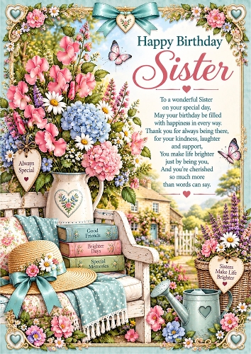 Sisters Cottage Garden Birthday A4 Portrait Card Topper