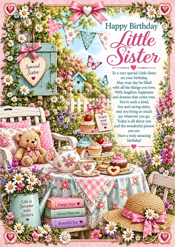 Little Sisters Tea Party Birthday A4 Portrait Card Topper
