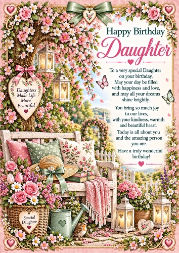 Daughters Blossom Garden Birthday A4 Portrait Card Topper