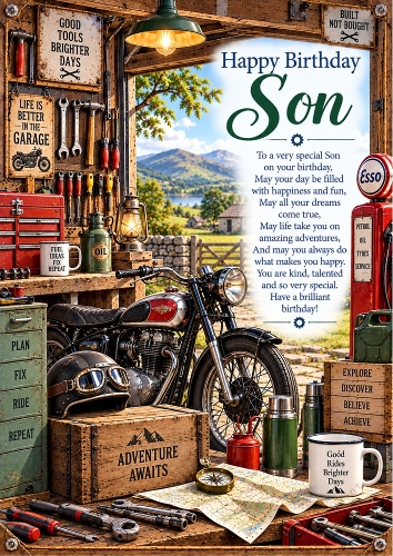 Sons Vintage Garage Birthday A4 Portrait Card Topper