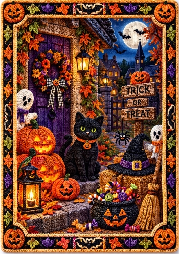 Knitted Halloween Cottage A4 Portrait Card Topper