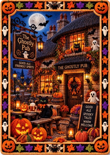 Knitted Ghostly Pub Halloween A4 Portrait Card Topper