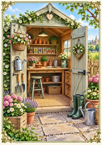 Tiny Garden Potting Shed A4 Portrait Card Topper.