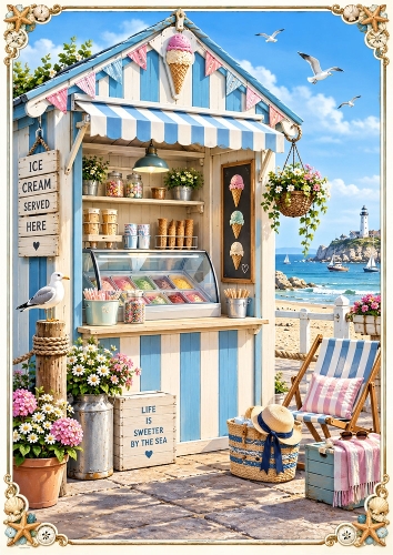 Seaside Ice-cream Kiosk A4 Portrait Card Topper.