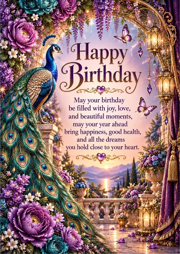 Peacock And Purple Blooms Luxury A4 Portrait Card Topper
