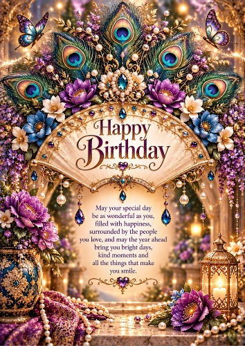 Enchanted Peacock Fan Luxury Birthday A4 Portrait Card Topper
