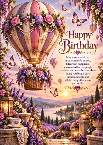 Dreamy Hot-Air Balloon Luxury Birthday A4 Portrait Card Topper