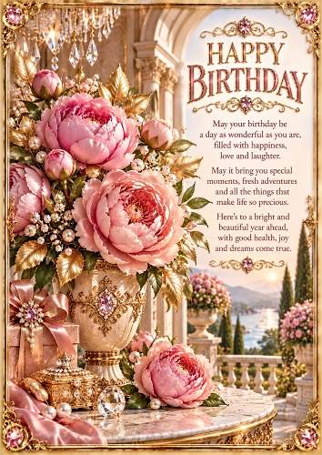 Pink Peony Palace Luxury A4 Portrait Birthday Card Topper