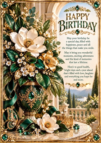 Emerald And Gold Botanicals Luxury A4 Portrait Birthday Card Topper