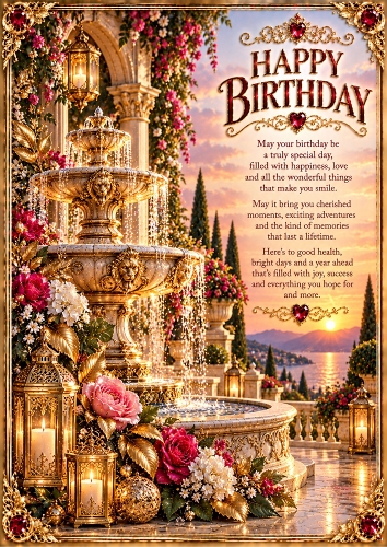 Golden Fountain Garden Luxury A4 Portrait Birthday Card Topper